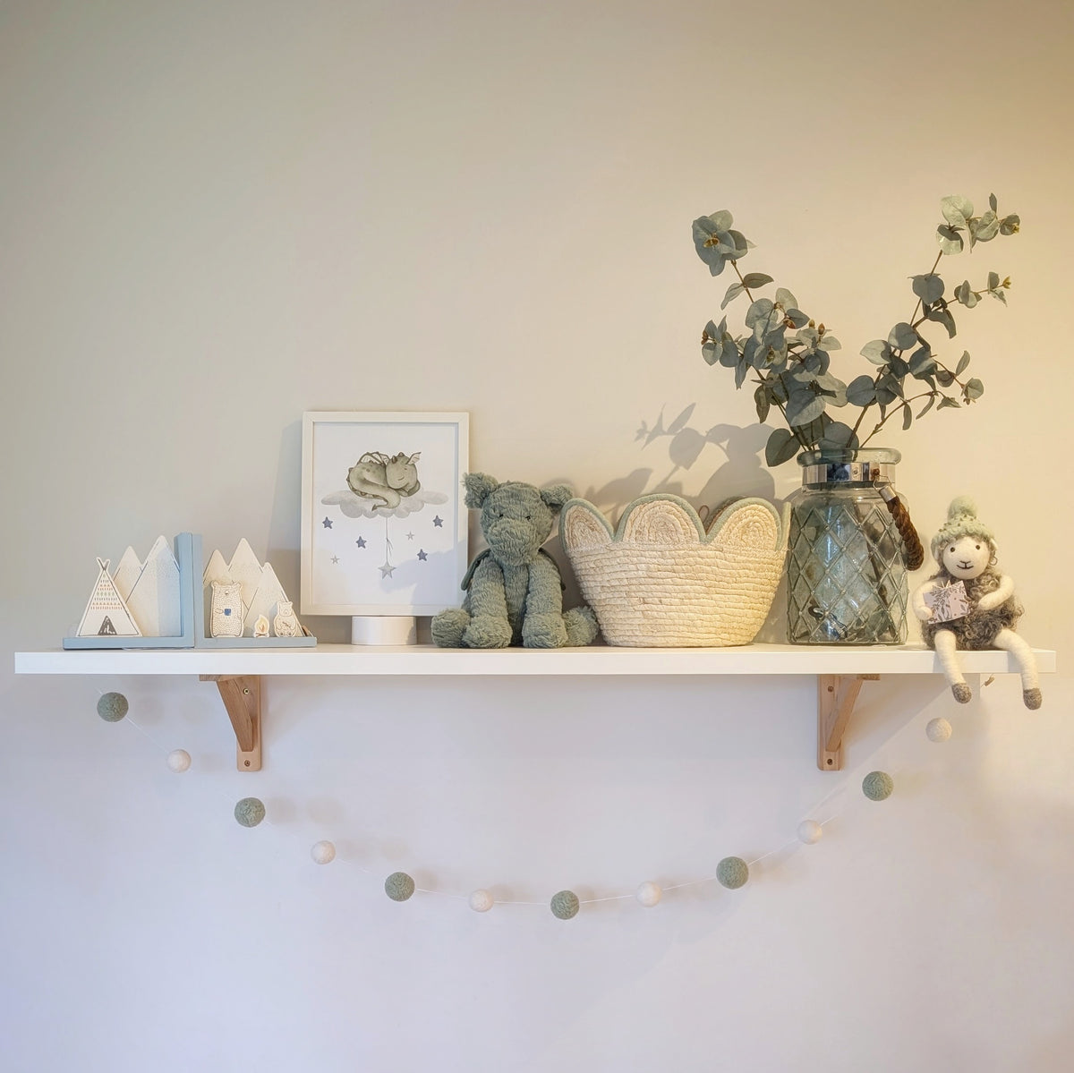 Sage Green & White Pom Pom Garland – Handmade Needle Felted Nursery Decor