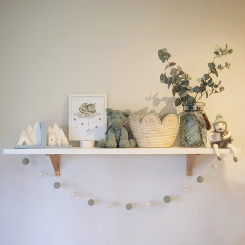 Sage Green & White Pom Pom Garland – Handmade Needle Felted Nursery Decor