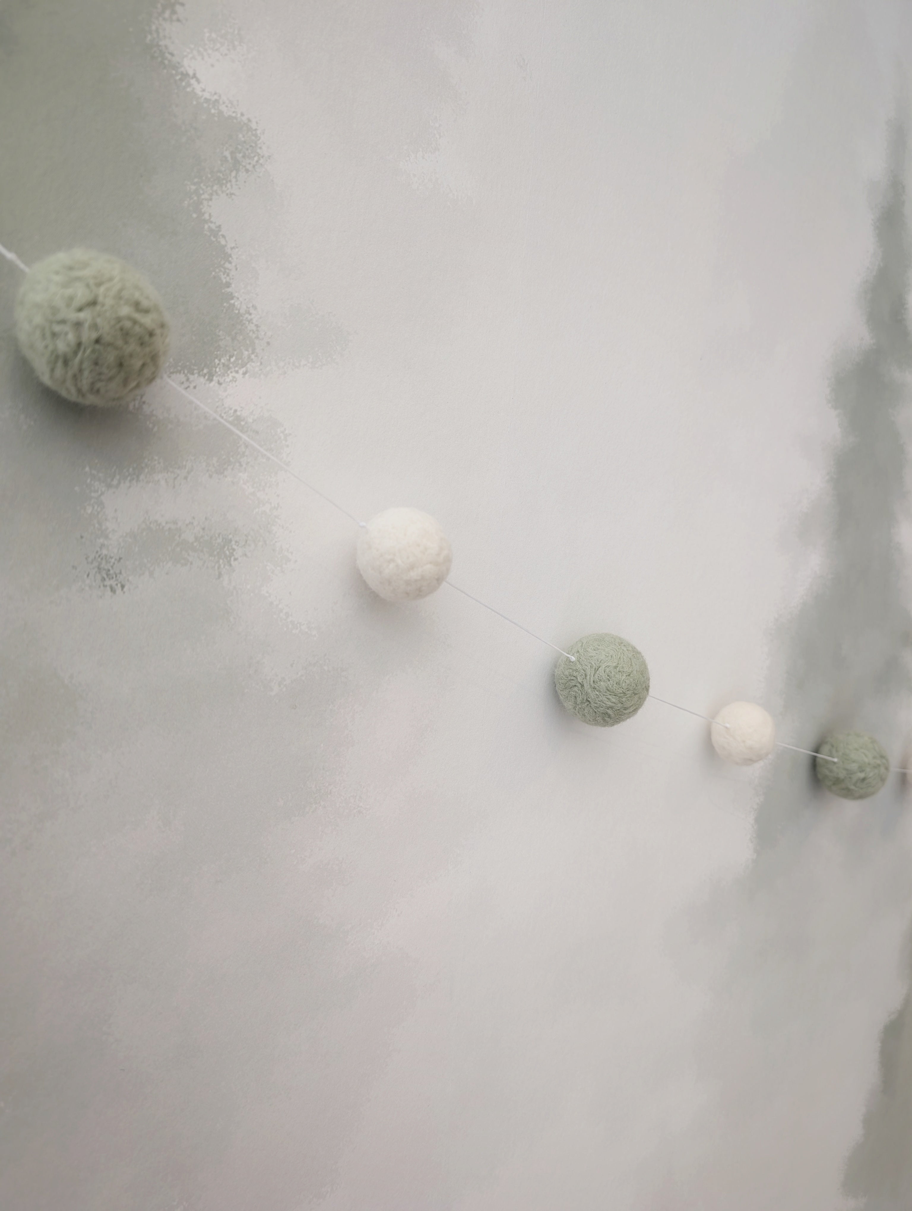 Sage Green & White Pom Pom Garland – Handmade Needle Felted Nursery Decor