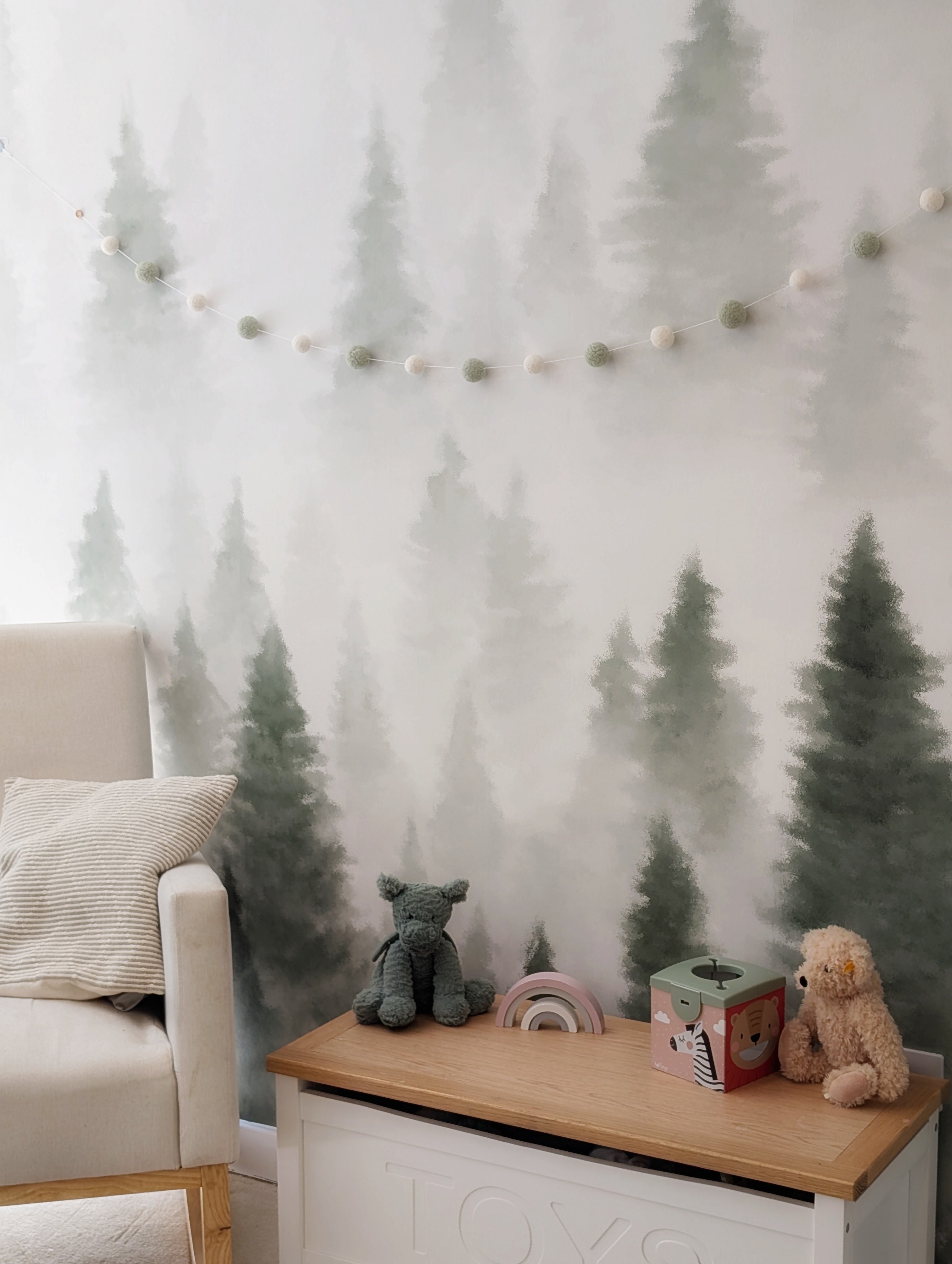 Sage Green & White Pom Pom Garland – Handmade Needle Felted Nursery Decor