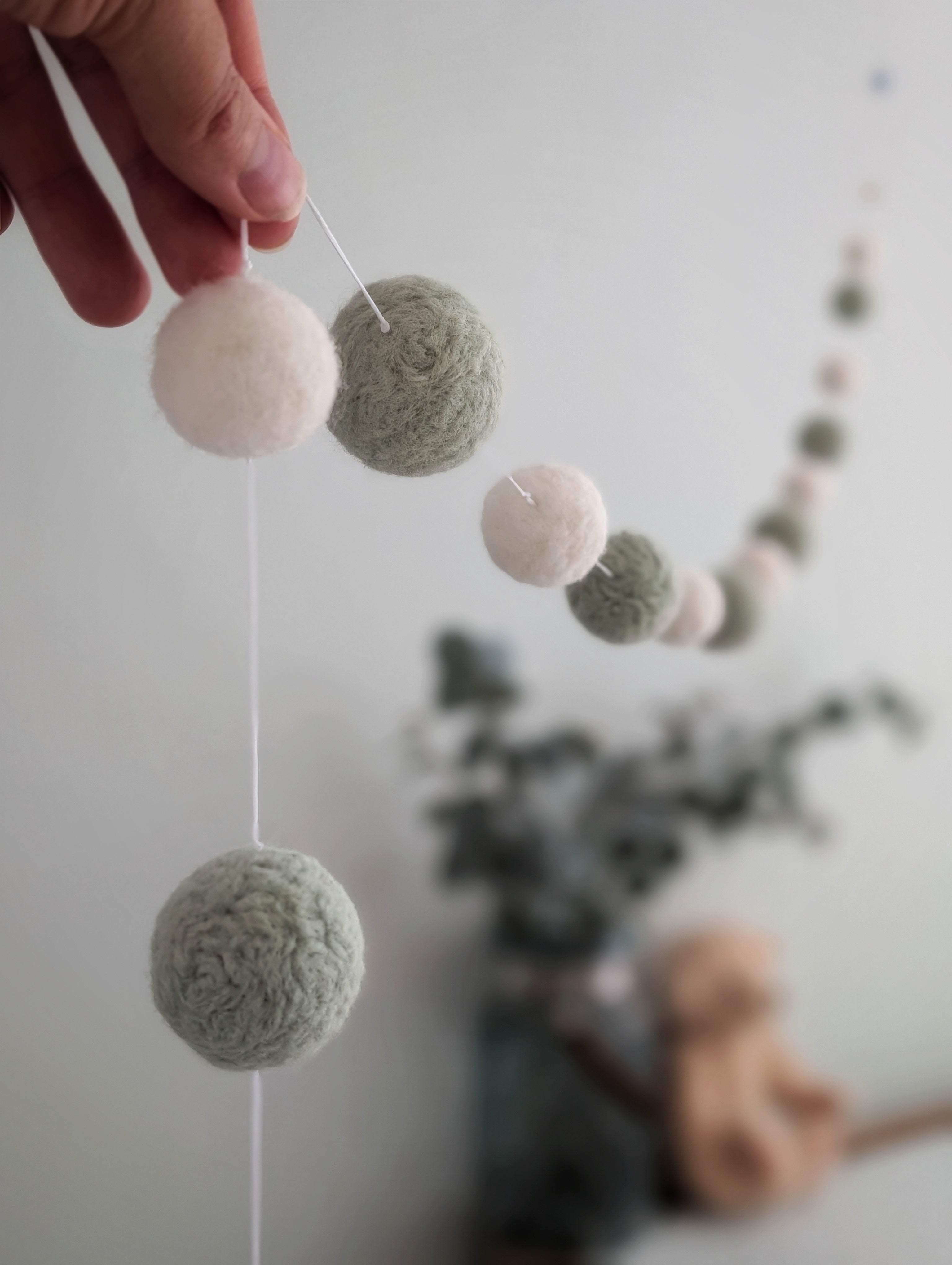 Sage Green & White Pom Pom Garland – Handmade Needle Felted Nursery Decor