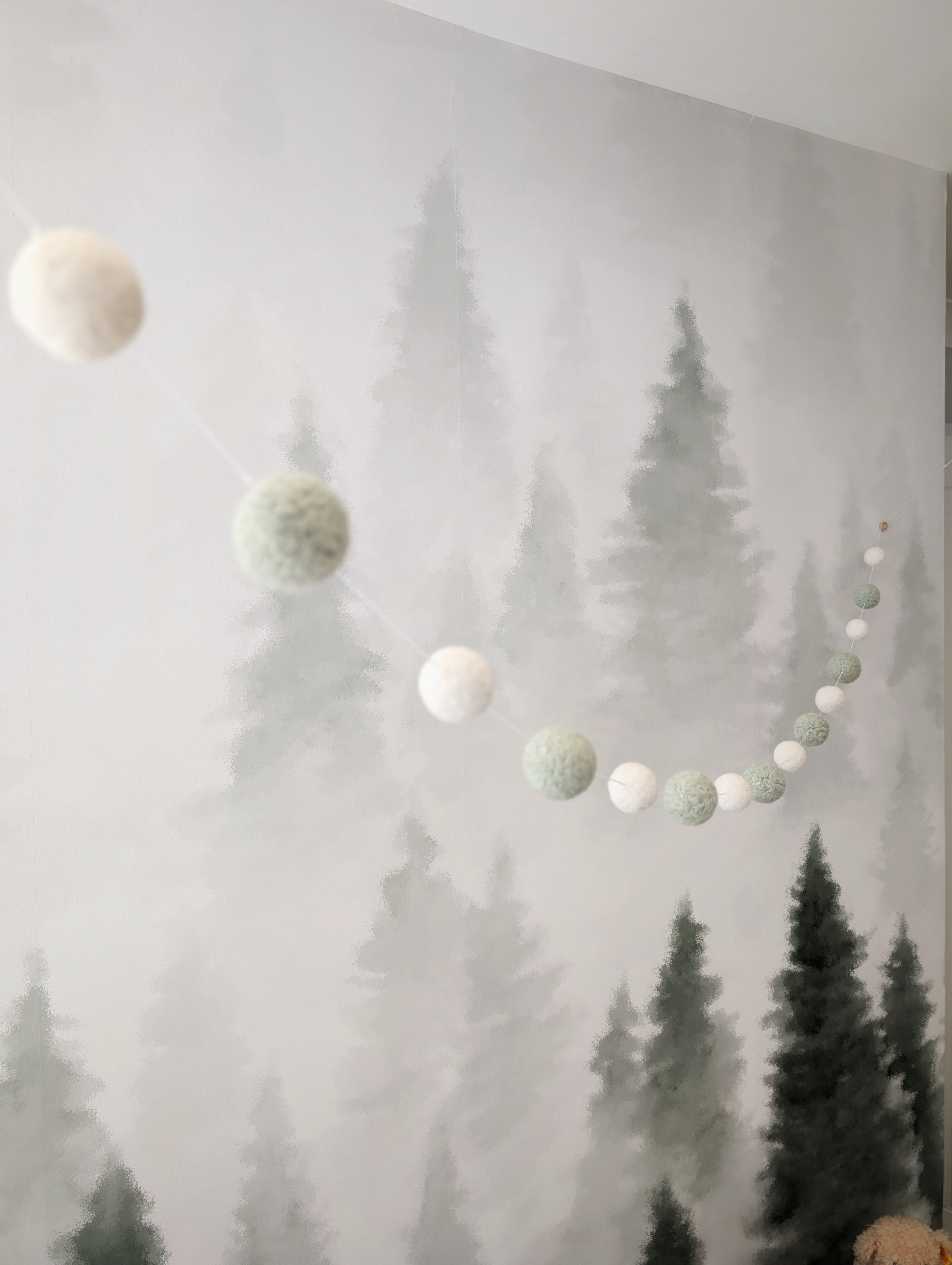 Sage Green & White Pom Pom Garland – Handmade Needle Felted Nursery Decor