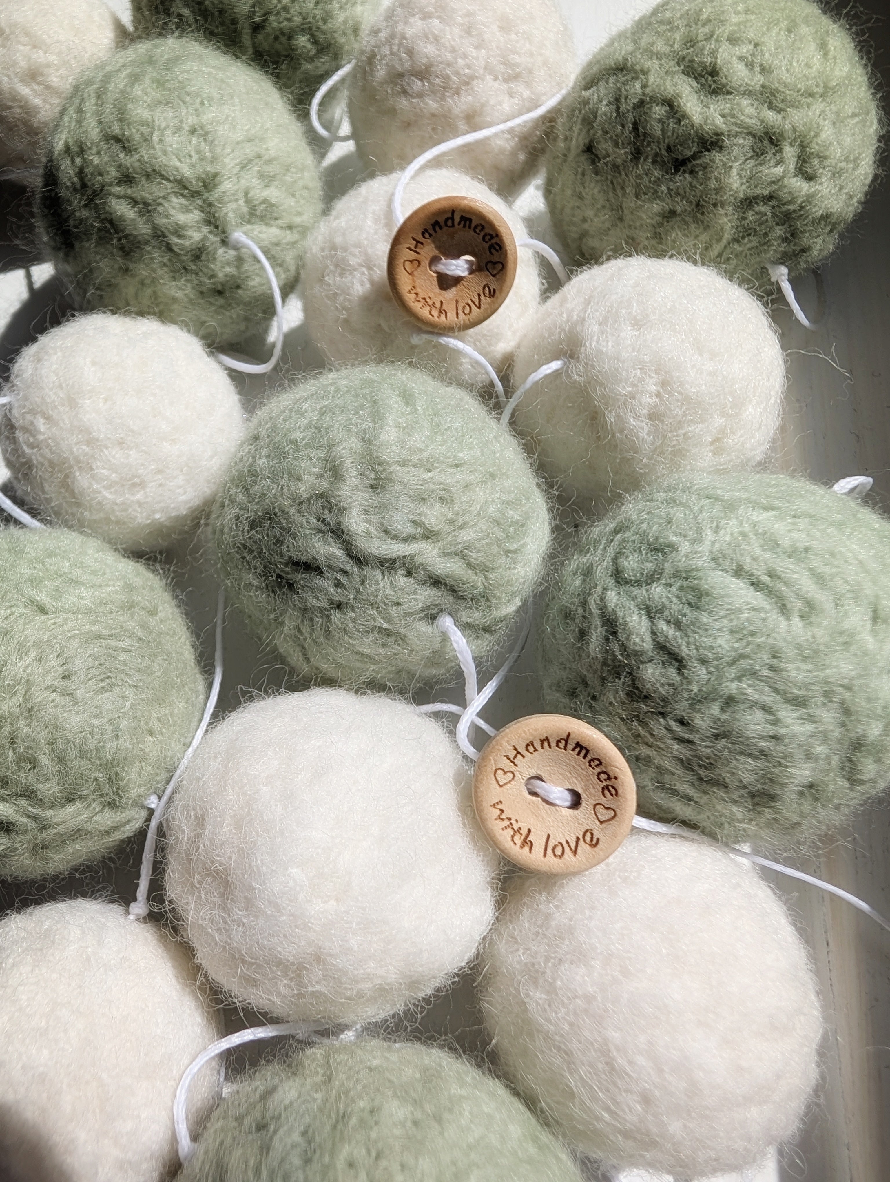 Sage Green & White Pom Pom Garland – Handmade Needle Felted Nursery Decor