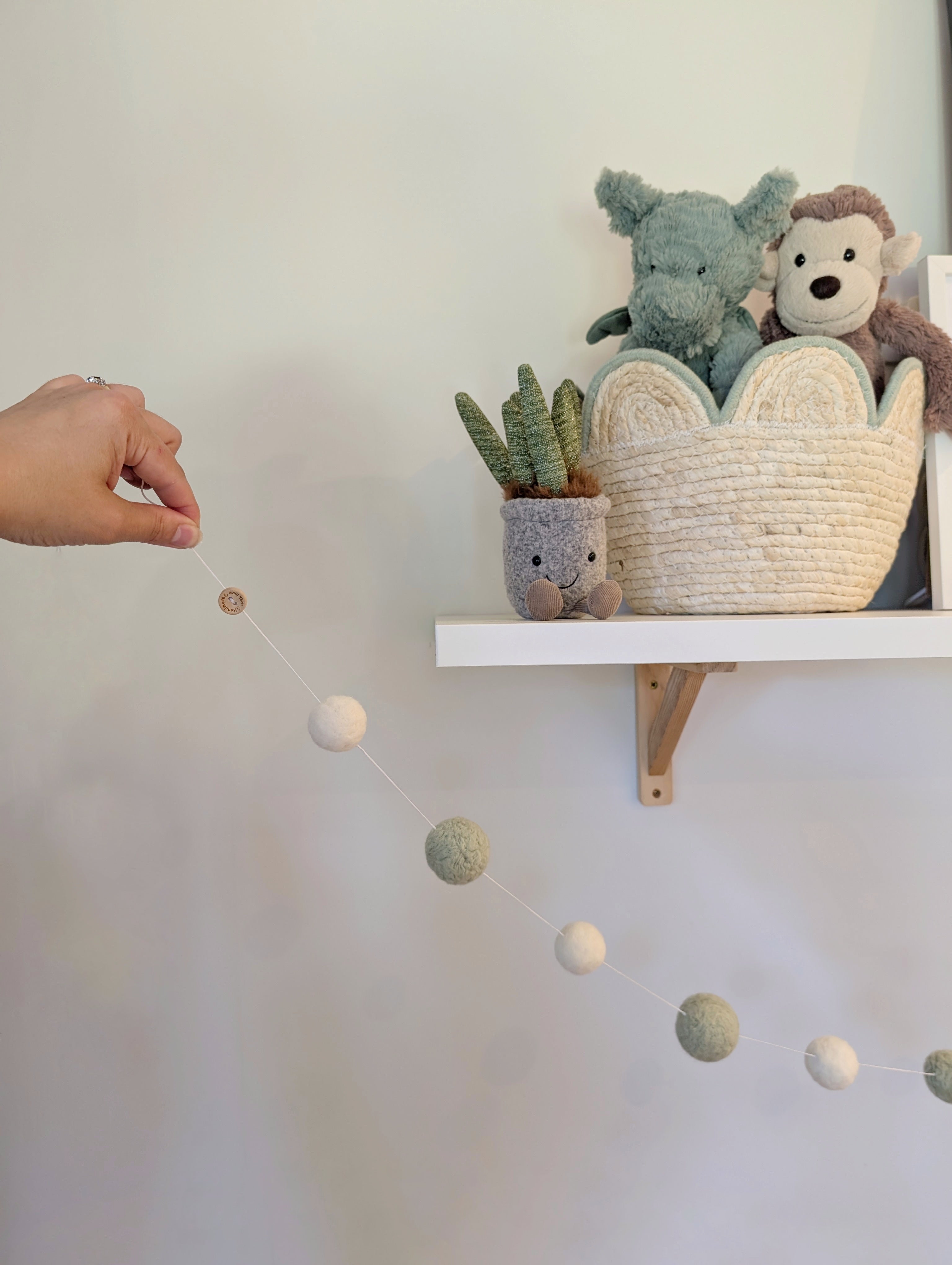 Sage Green & White Pom Pom Garland – Handmade Needle Felted Nursery Decor
