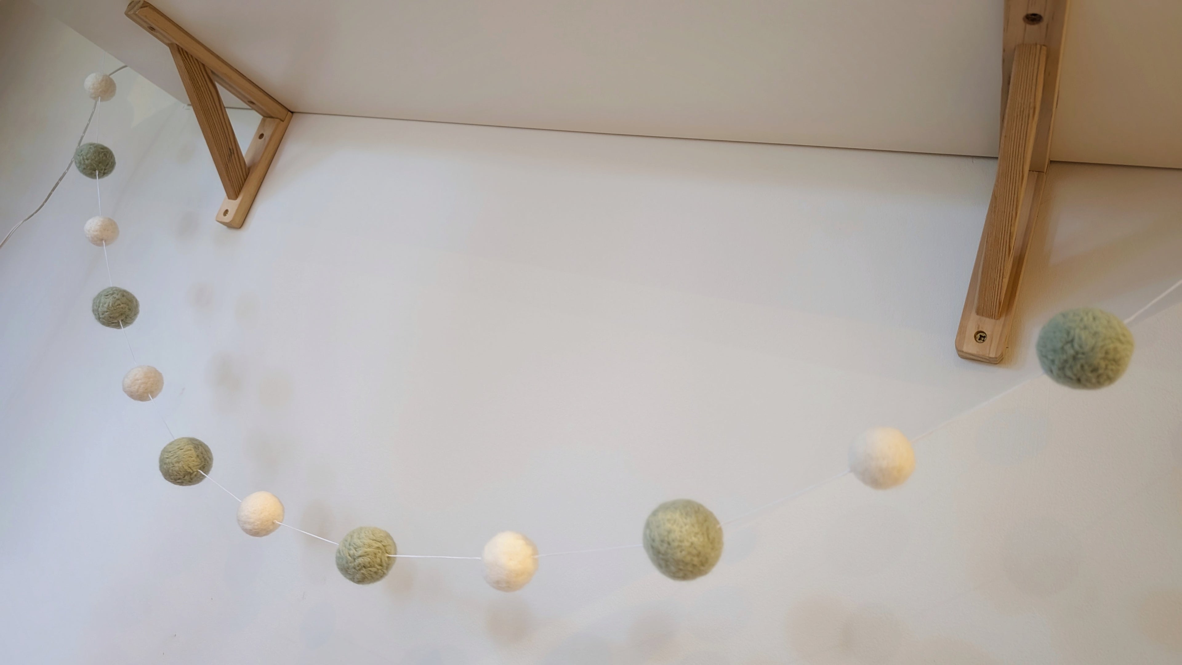 Sage Green & White Pom Pom Garland – Handmade Needle Felted Nursery Decor