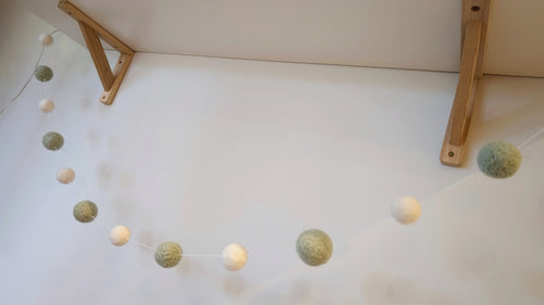 Sage Green & White Pom Pom Garland – Handmade Needle Felted Nursery Decor